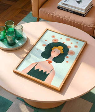 Whimsical Portrait of a Woman with Green Hair and Abstract Circles - Mi tienda