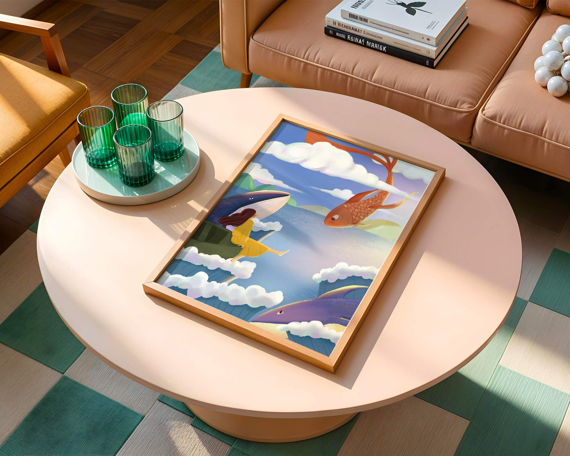 Dreamlike scene with marine life and floating figure in the sky