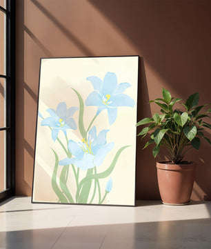 Ilustración elegante de flores azul claro con tallos verdes