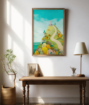 Charming lighthouse illustration on a scenic hilltop