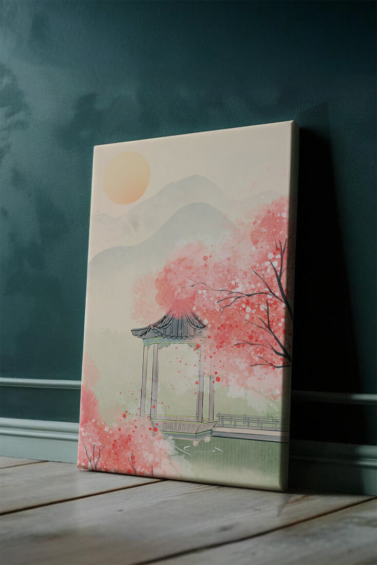 Serene landscape with cherry blossoms and traditional gazebo