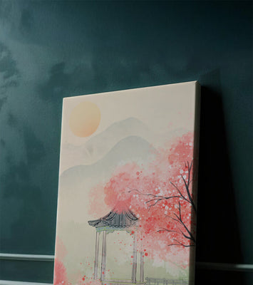 Serene landscape with cherry blossoms and traditional gazebo