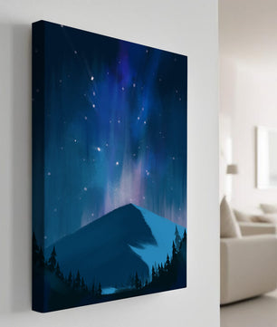 Paisaje montañoso sereno con auroras boreales y bosque oscuro