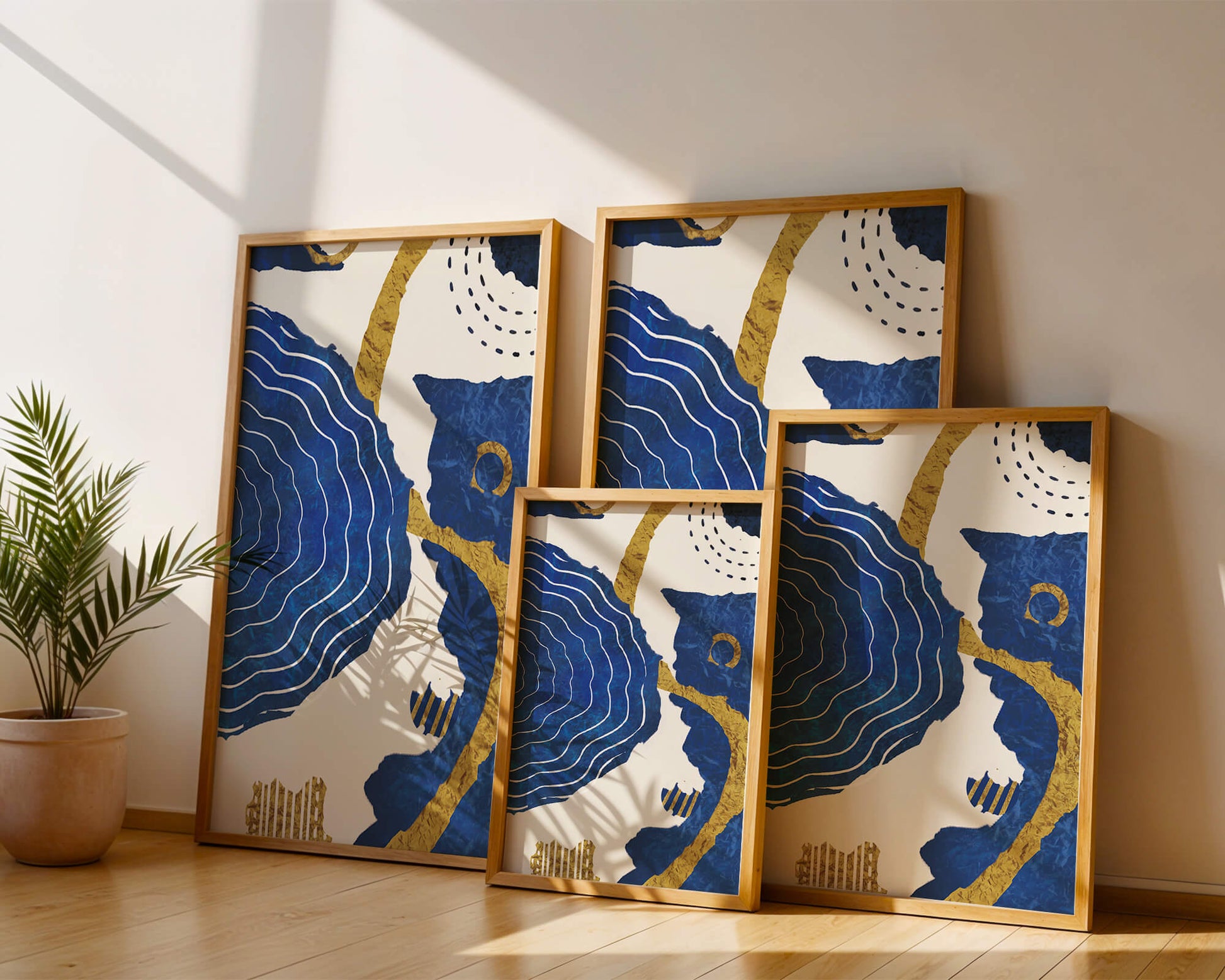 Diseño abstracto ondulado azul y dorado con patrones geométricos