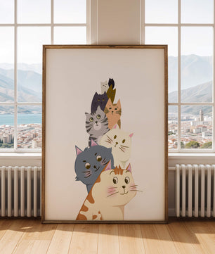 Stack of adorable cartoon cats with diverse patterns and colors
