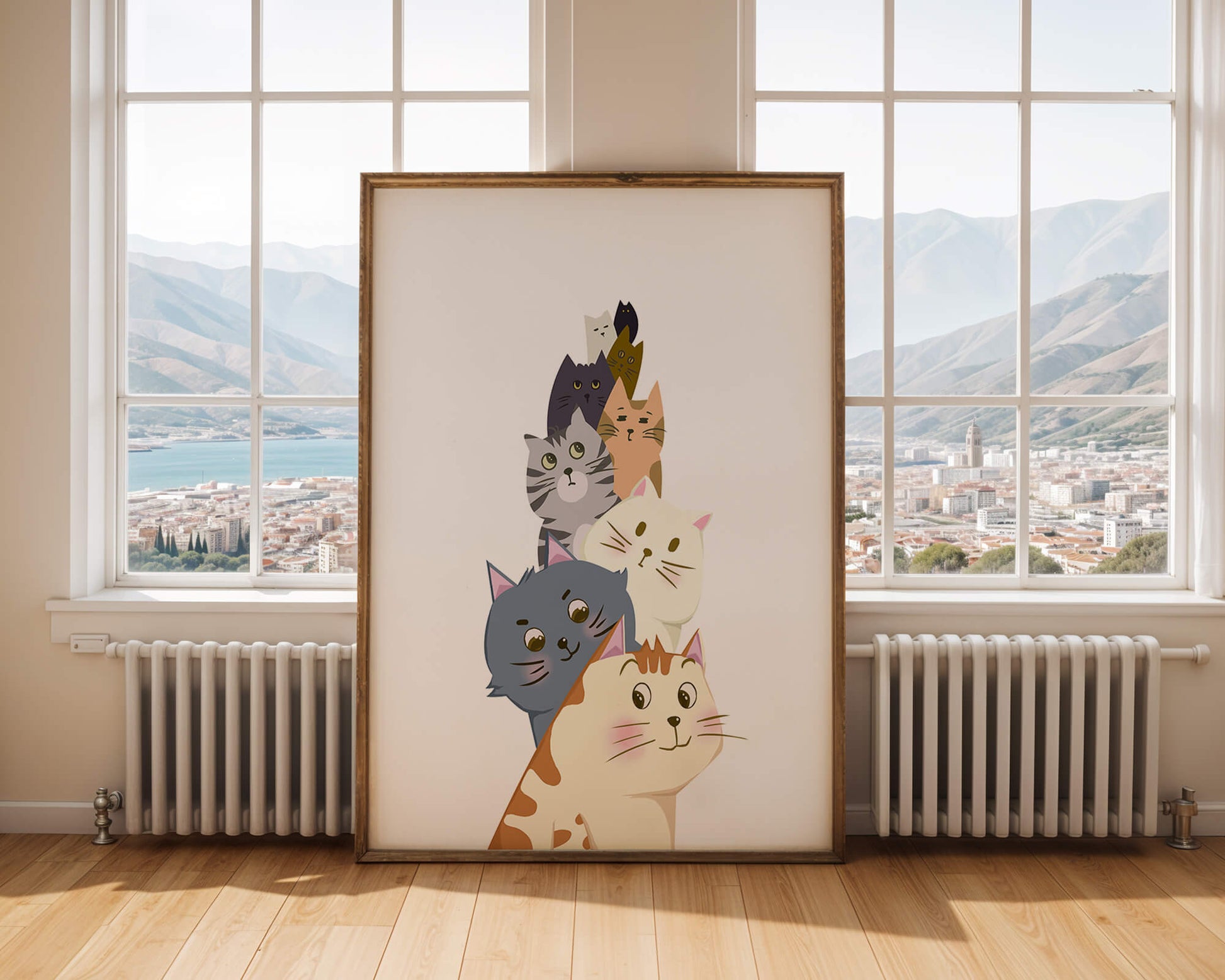 Stack of adorable cartoon cats with diverse patterns and colors