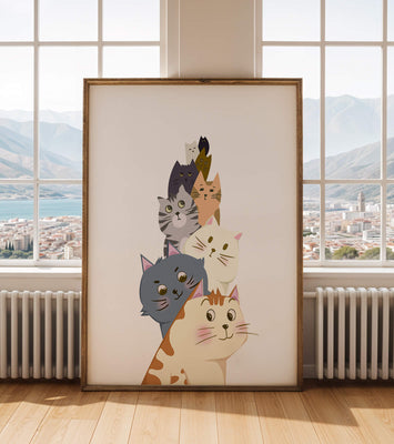 Stack of adorable cartoon cats with diverse patterns and colors