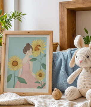 Ilustración de una mujer en un vestido rosa con girasoles