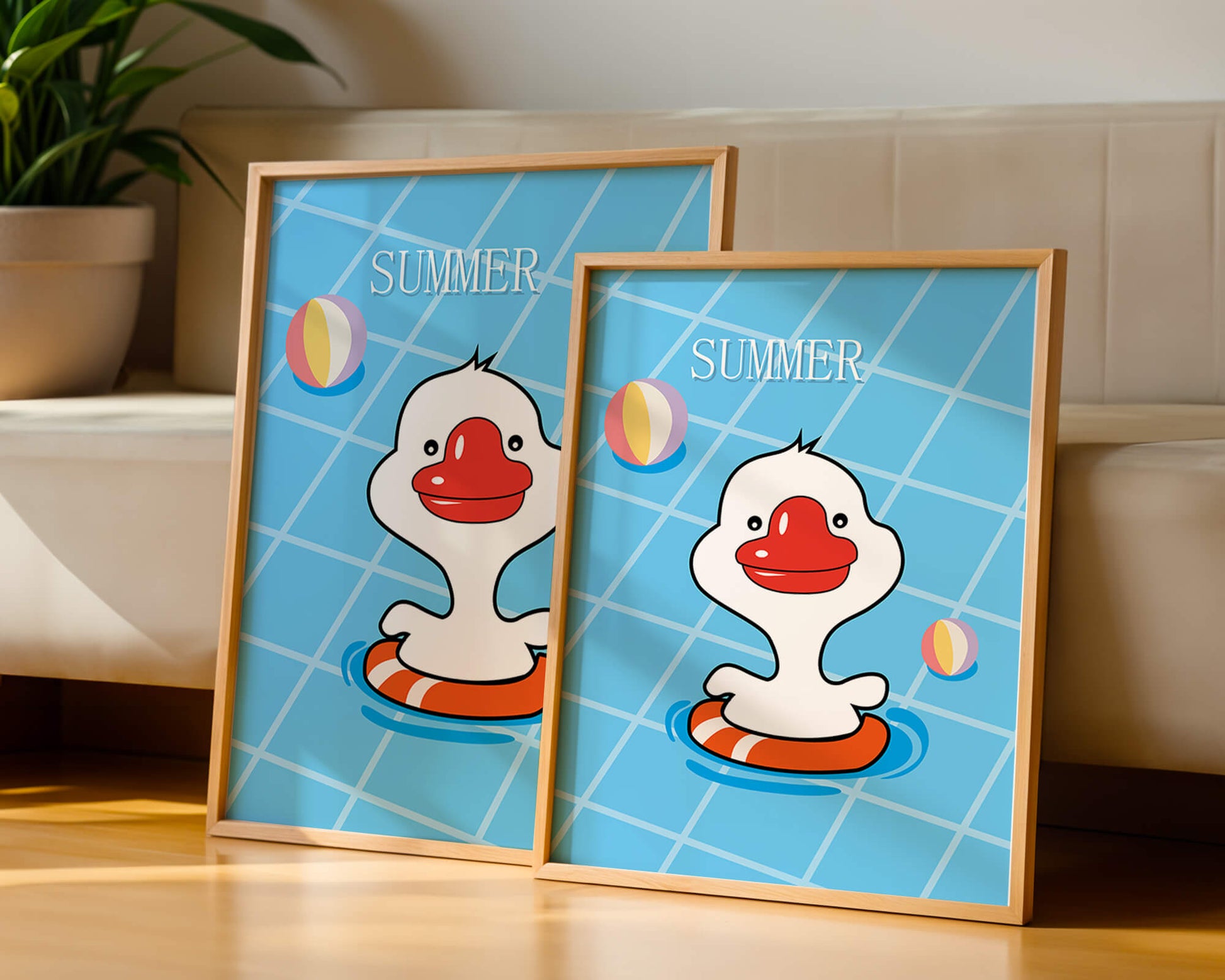 Cartoon duck swimming in a pool with summer beach elements