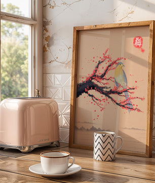 Oiseau serein sur une branche de cerisier dans le style artistique asiatique traditionnel