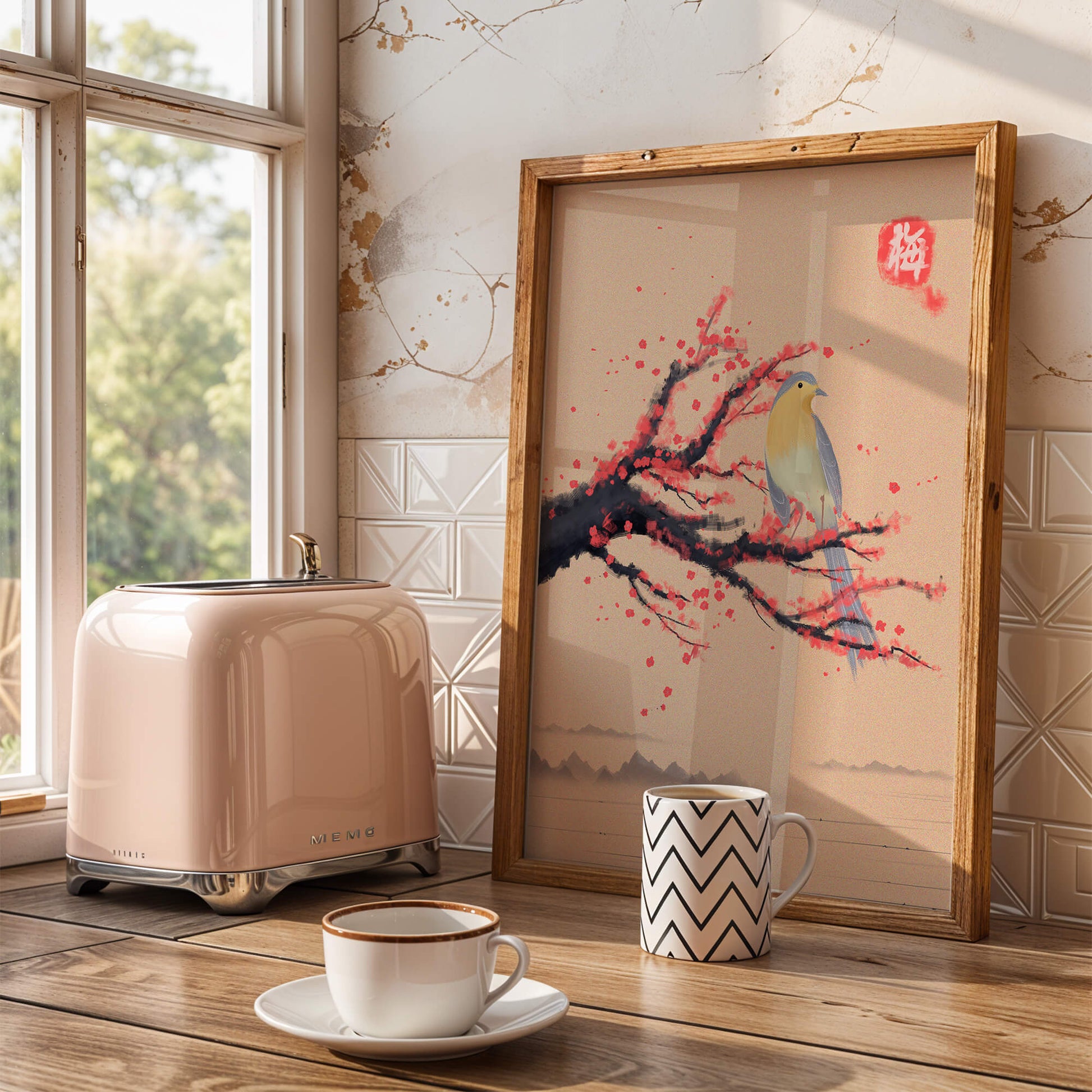 Serene bird on cherry blossom branch in traditional Asian art style
