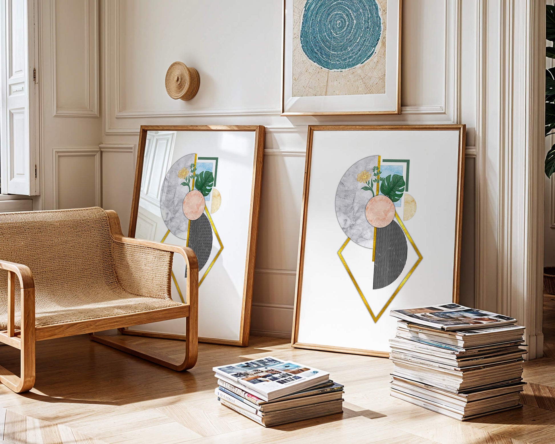 Abstract geometric art with floral and gold accents