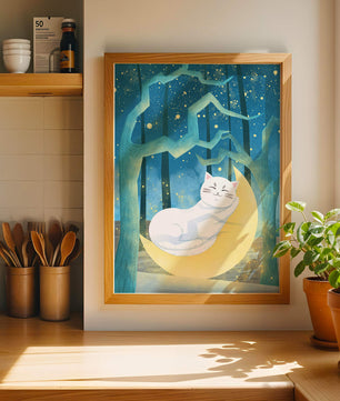 Cat sleeping on the moon in an enchanted forest under the starry sky