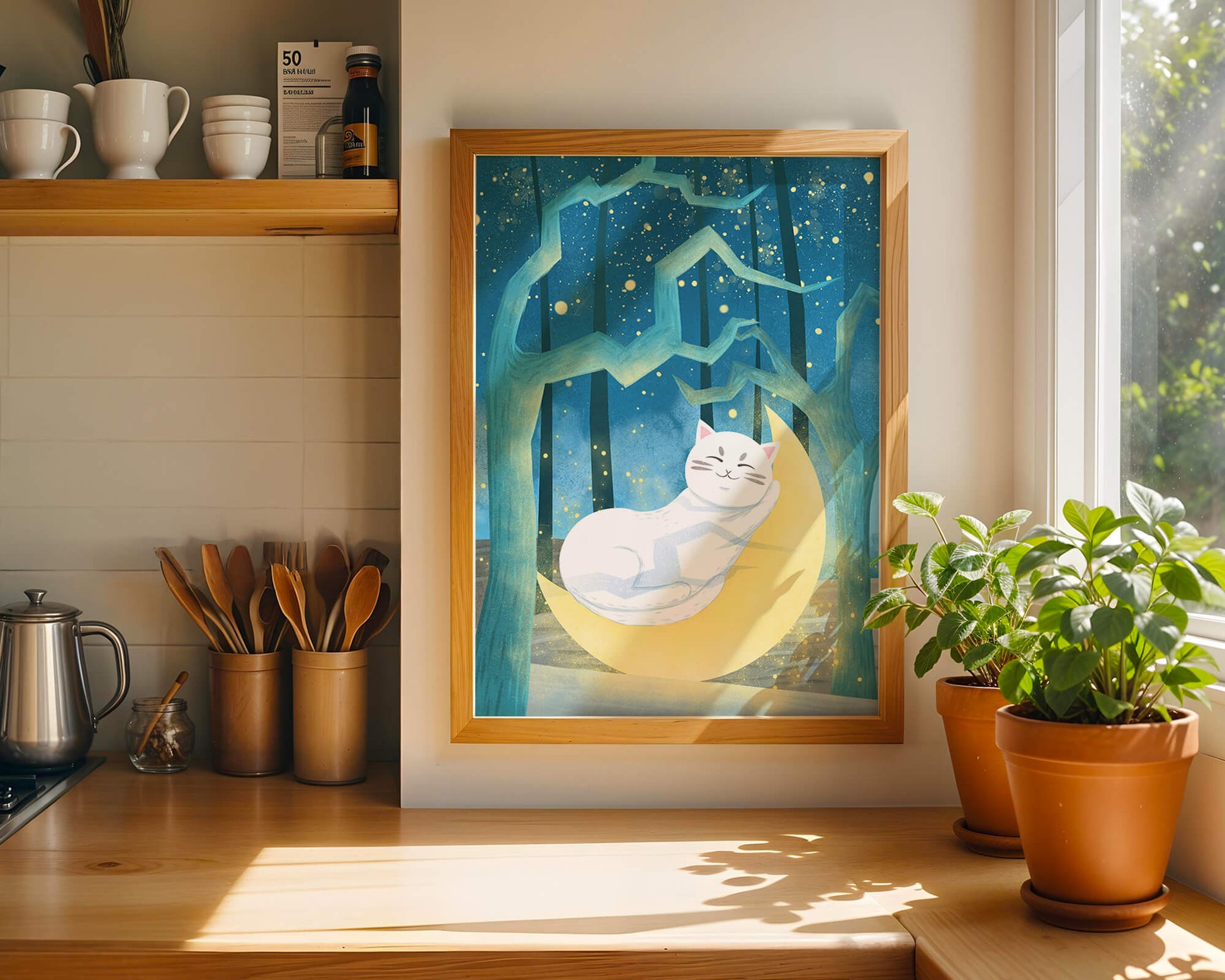 Cat sleeping on the moon in an enchanted forest under the starry sky