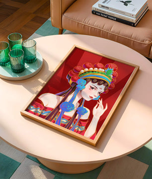Traditional Asian art depicting stylized woman with ornate headdress