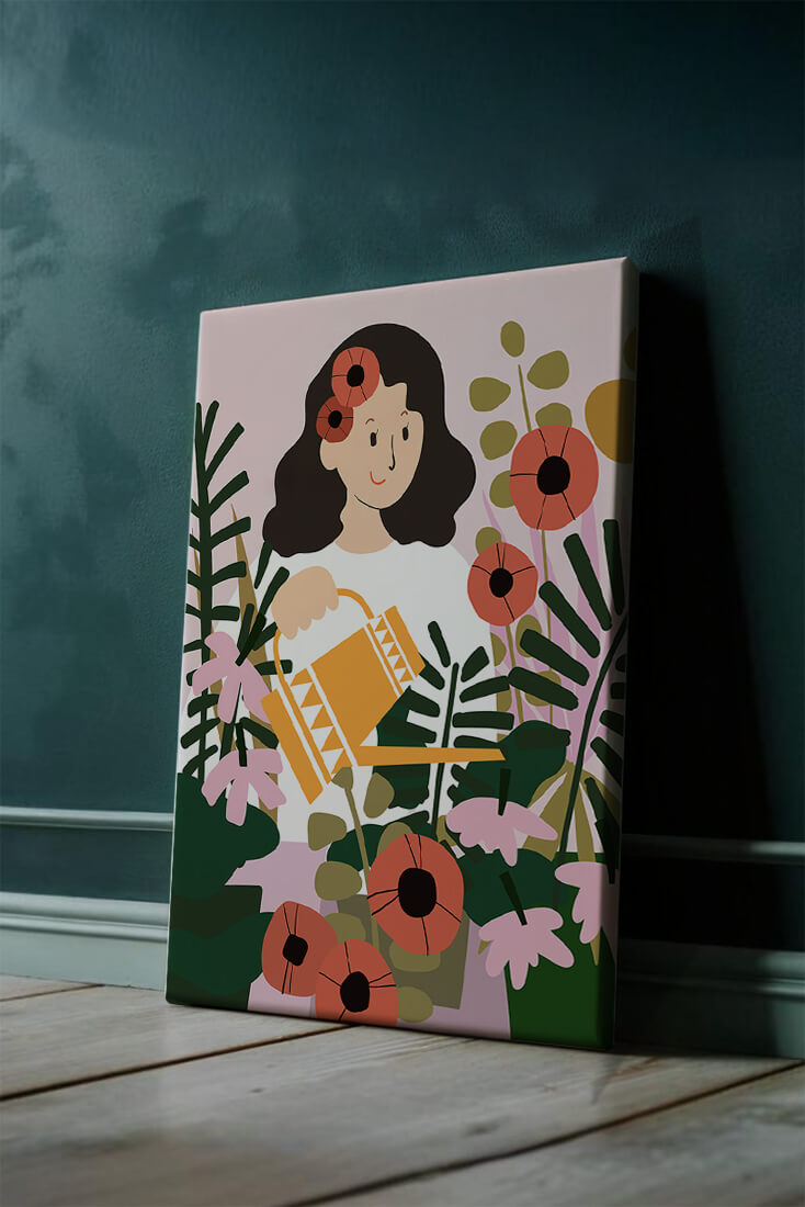 Woman watering plants surrounded by vibrant flowers and greenery