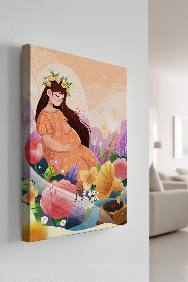 Woman in nature with flowers and musical notes