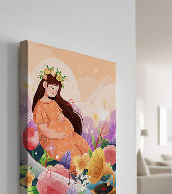 Woman in nature with flowers and musical notes