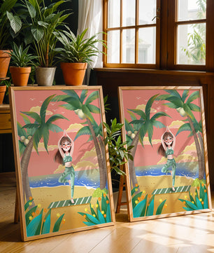 Escena de yoga tranquila en una playa tropical al atardecer