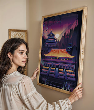 Neon Asian Temple at Sunset in Stylized Landscape