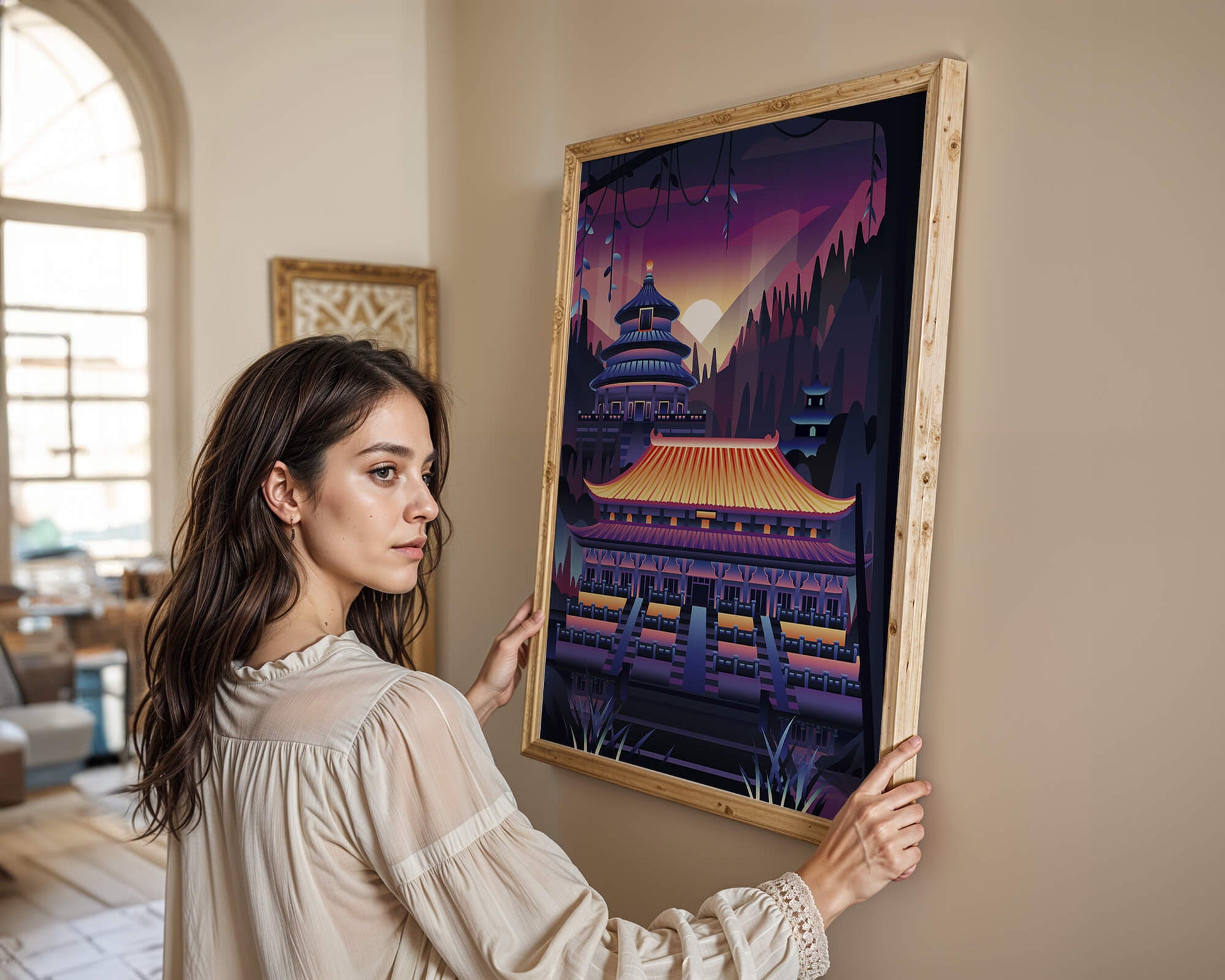 Neon Asian Temple at Sunset in Stylized Landscape