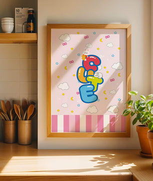 Playful pastel illustration with cute characters and clouds