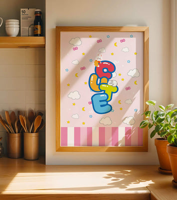 Playful pastel illustration with cute characters and clouds