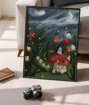 Enchanted night scene with glowing mushrooms and moonlit sky