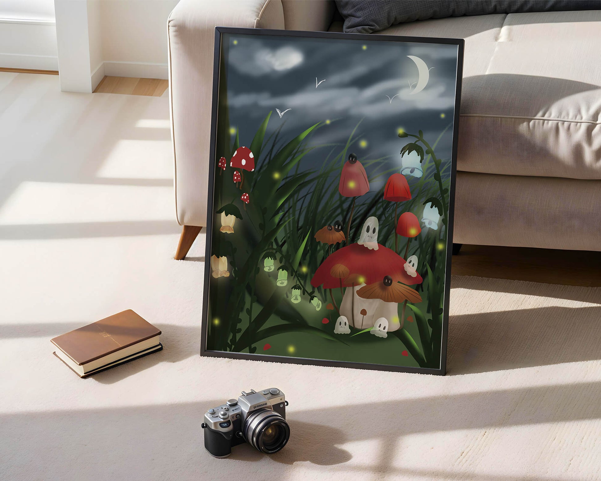 Enchanted night scene with glowing mushrooms and moonlit sky
