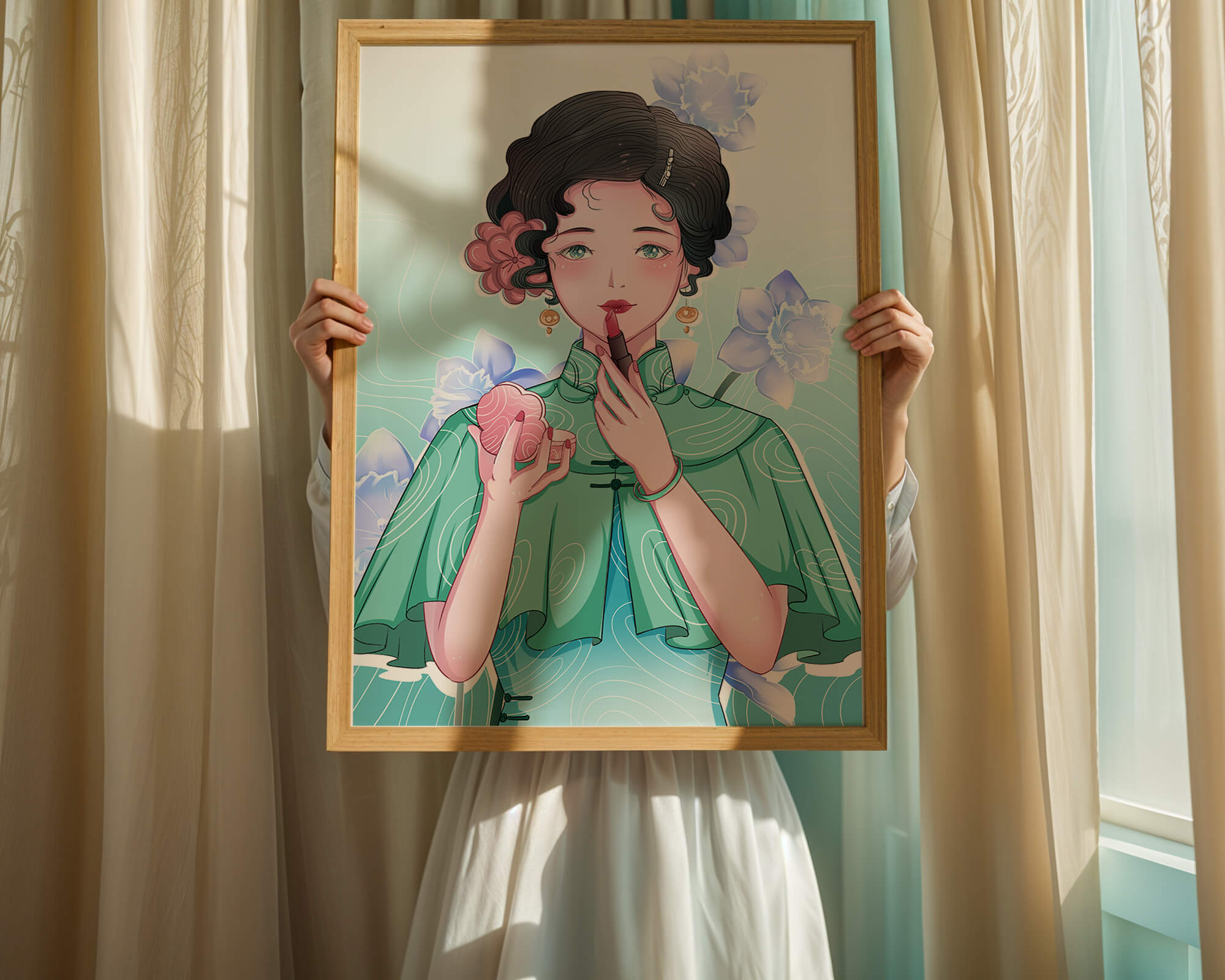 Woman applying lipstick with elegant floral background