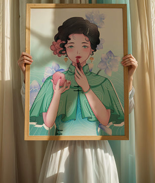 Woman applying lipstick with elegant floral background