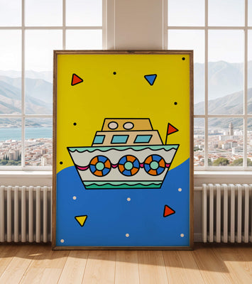 Colorful boat illustration with cartoon elements