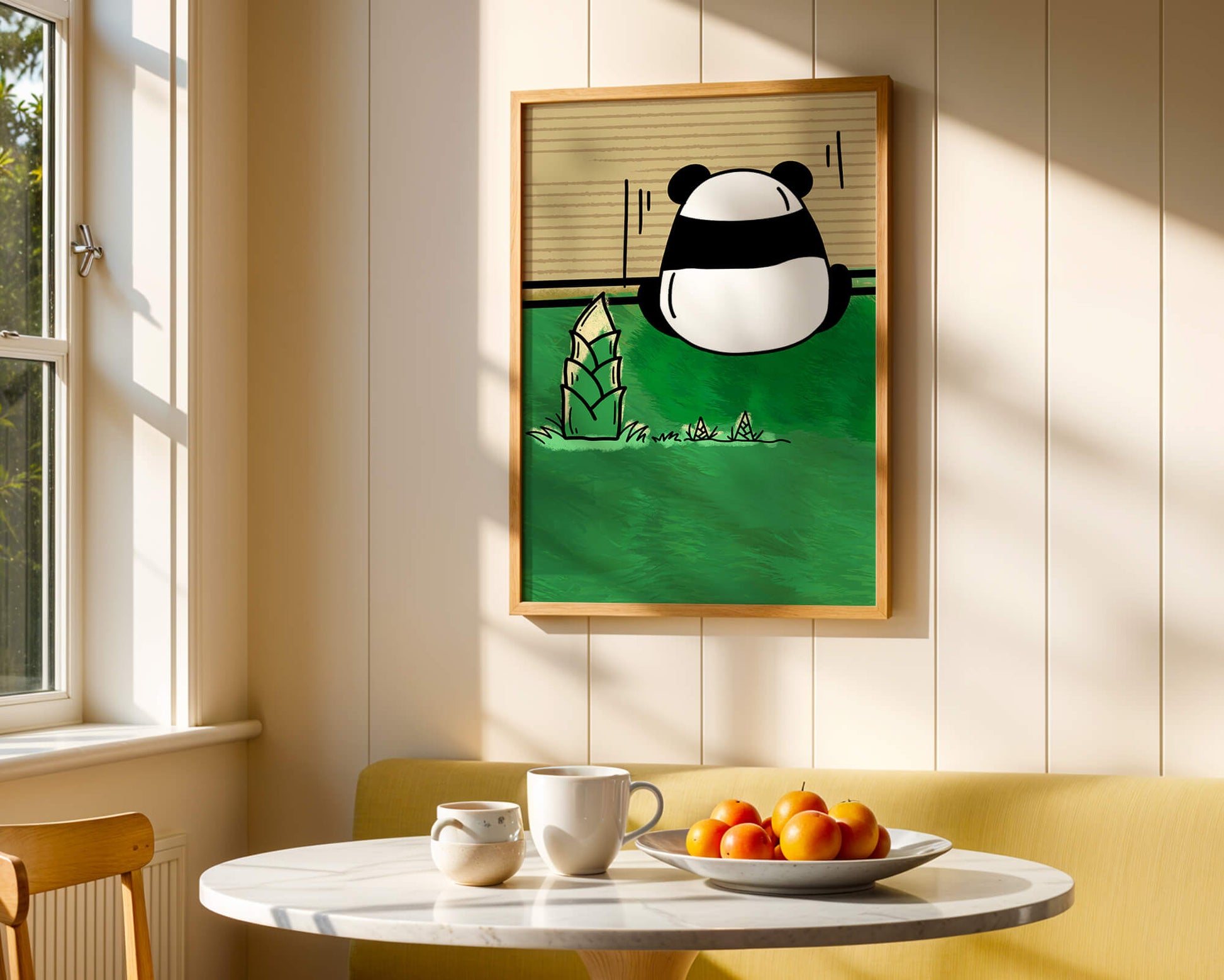Whimsical panda in a green bamboo forest background
