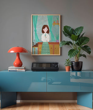 Charming Illustration of Woman and Cat in Cozy Living Room