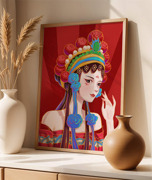 Traditional Asian art depicting stylized woman with ornate headdress