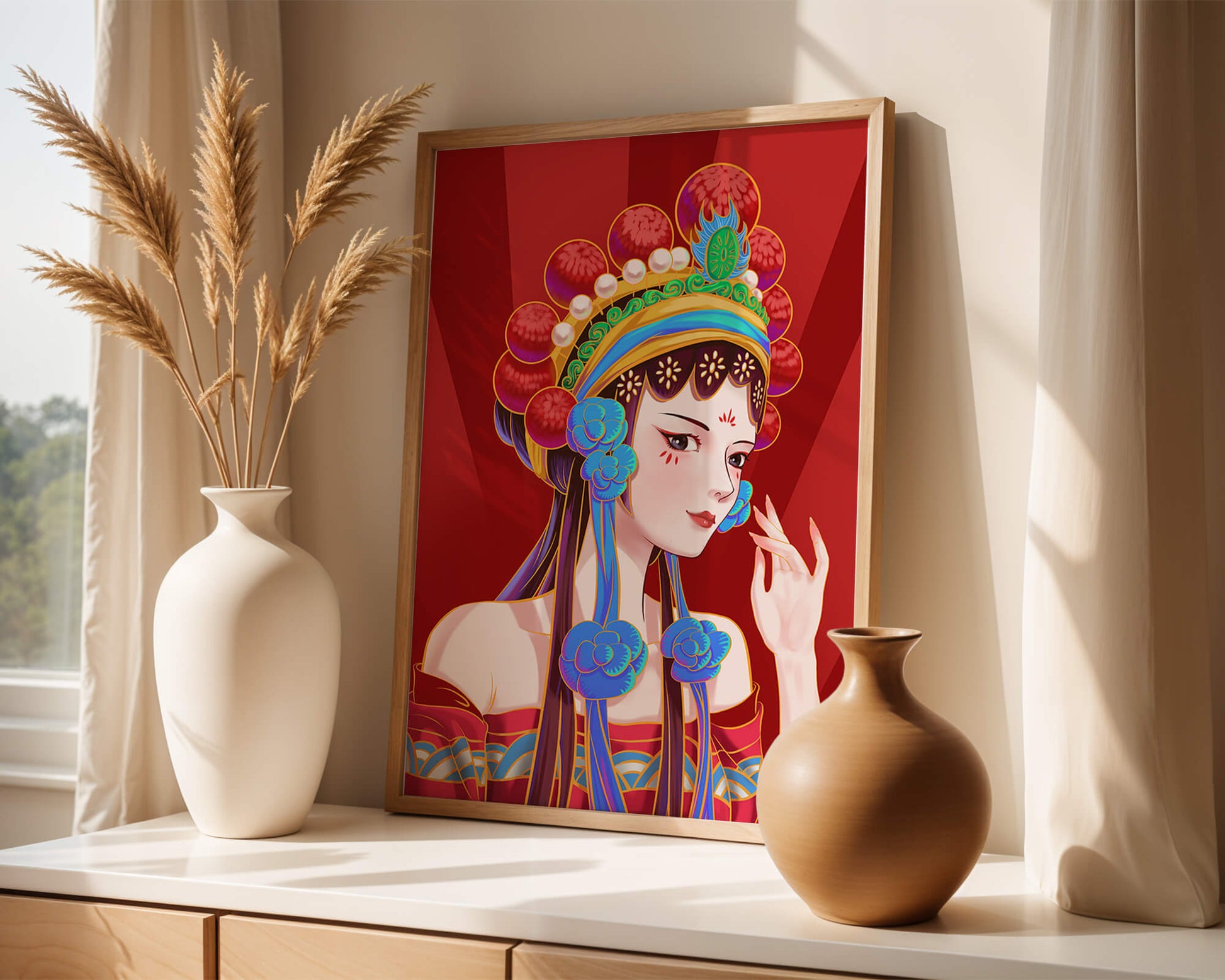 Traditional Asian art depicting stylized woman with ornate headdress