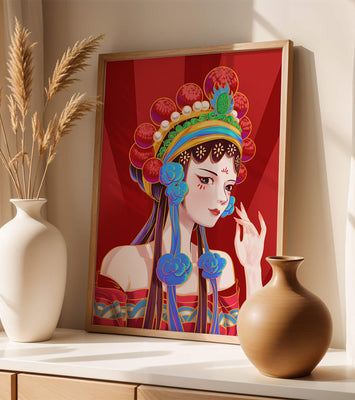 Traditional Asian art depicting stylized woman with ornate headdress