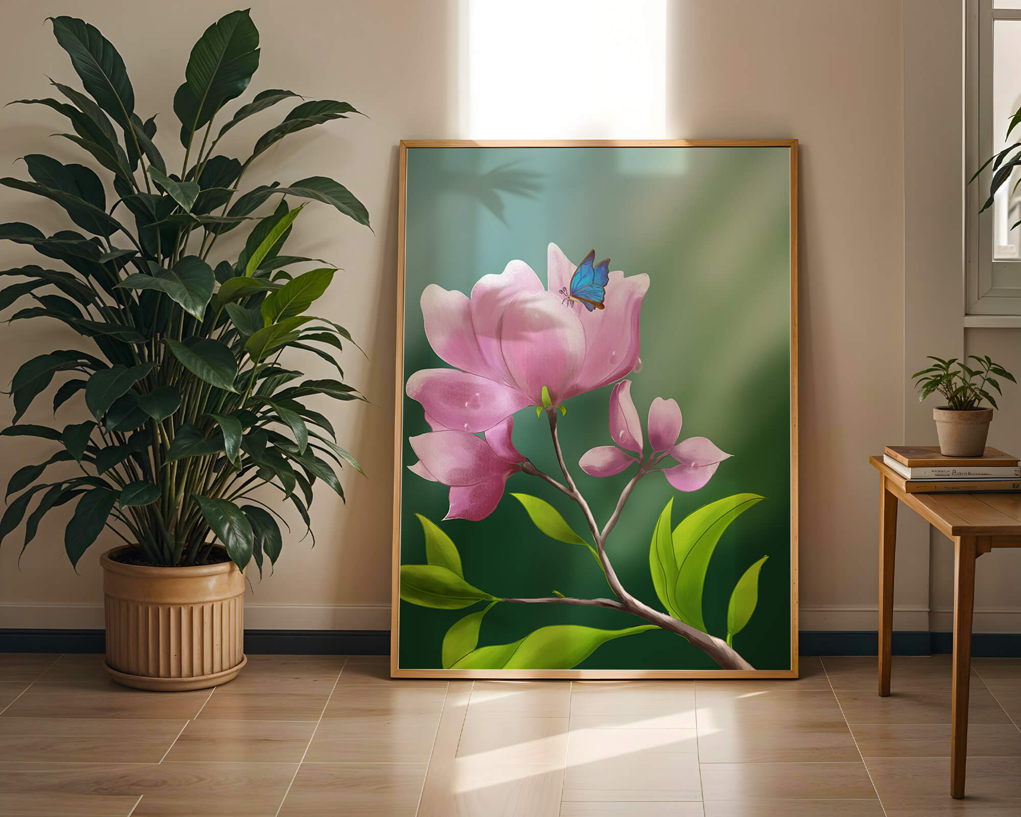 Delicate pink flower with a vibrant blue butterfly in a serene garden setting
