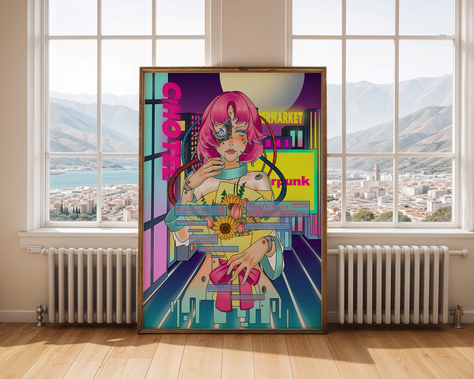 Futuristic cyberpunk woman with a bouquet of flowers in a neon cityscape