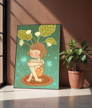 Ilustración de un niño con tocado floral y mariposas