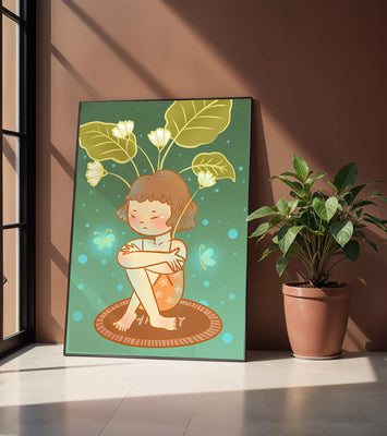 Child with floral headpiece and butterflies illustration
