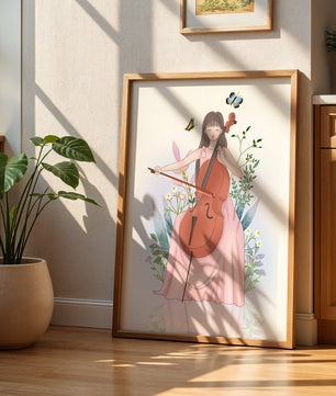 Girl Playing Cello Surrounded by Nature with Butterflies - Mi tienda