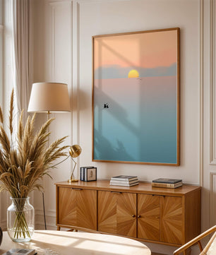Serene Sunset with Silhouettes and Birds over a Calm Sea