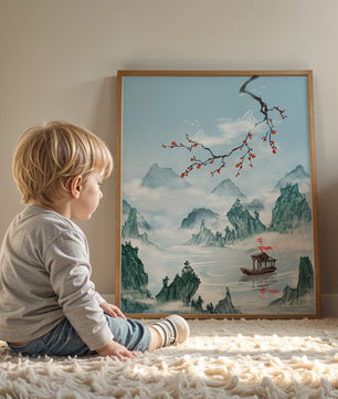 Chinese Landscape with Cherry Blossoms and Boat in Misty Mountains - Mi tienda