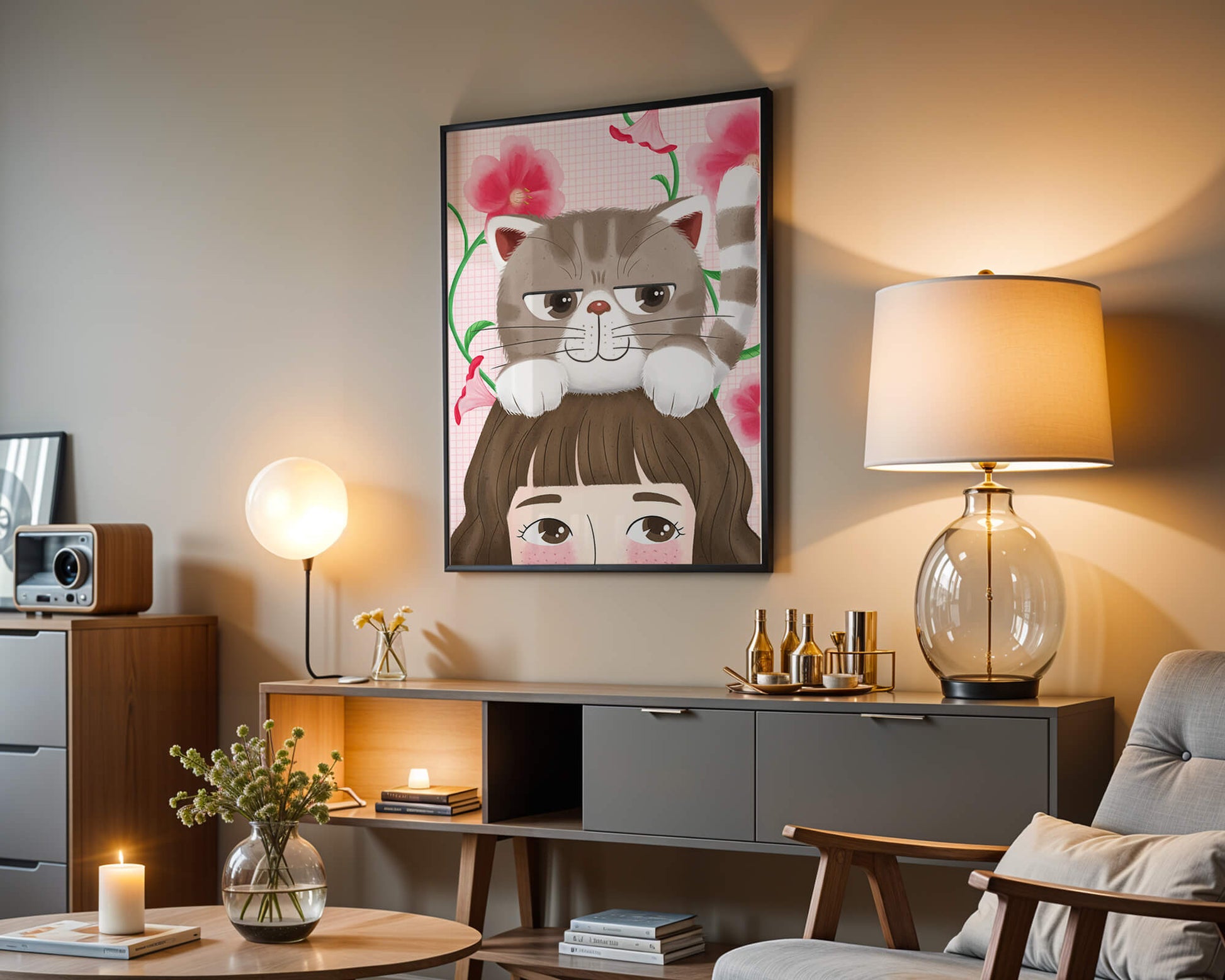 Illustration of a cat sitting on a person's head with pink flowers