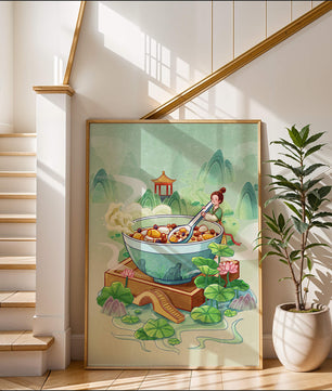 Illustration of a traditional Asian scene with large bowl and serene landscape