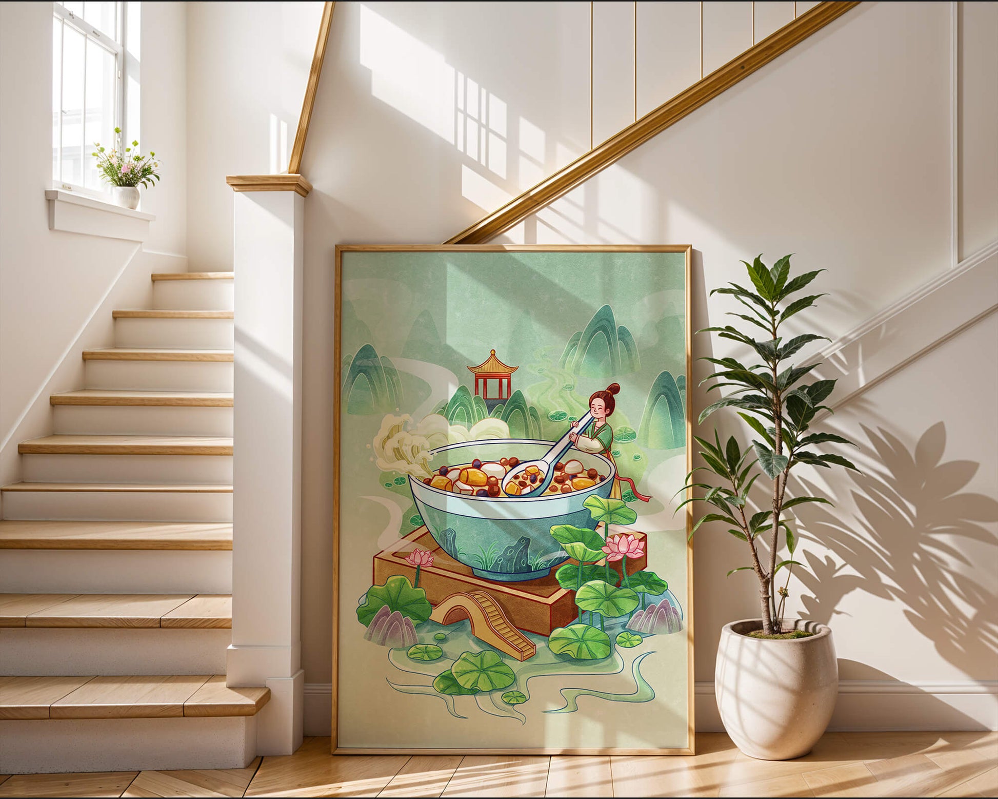 Illustration of a traditional Asian scene with large bowl and serene landscape