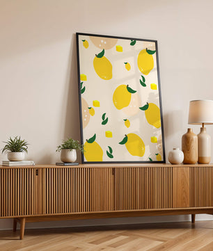 Playful lemon pattern with green leaves and abstract shapes