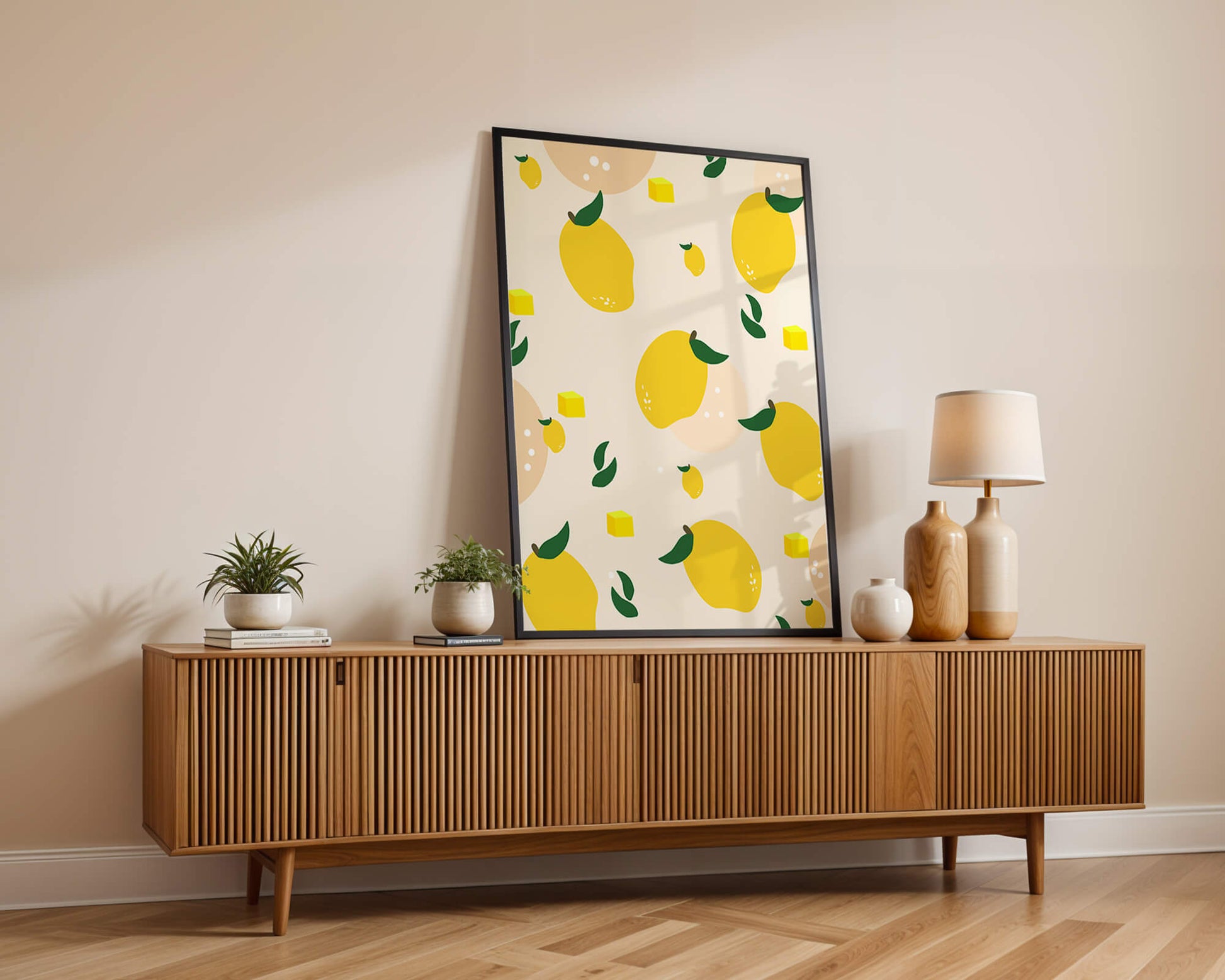 Playful lemon pattern with green leaves and abstract shapes