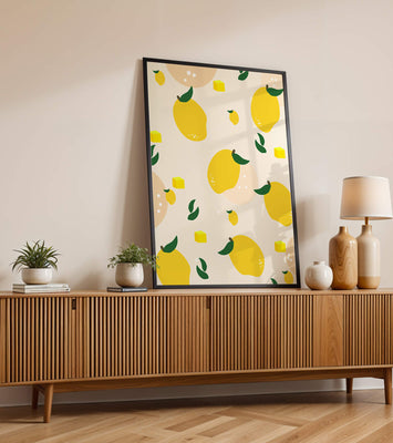 Playful lemon pattern with green leaves and abstract shapes